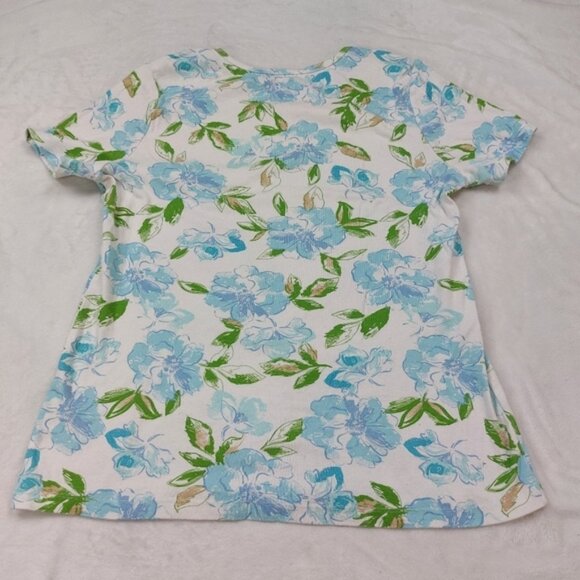 WHITE STAG WOMEN'S WHITE WITH BLUE FLORAL SHORT SLEEVE TSHIRT SIZE LARGE - Picture 8 of 9
